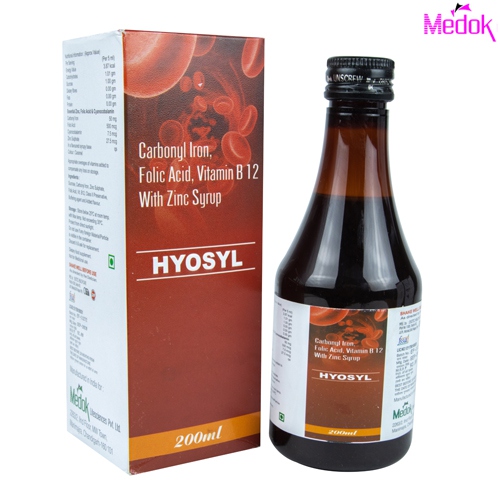 Product Name: Hyosyl, Compositions of Hyosyl are Carbonyl iron, folic acid vitamin B12 with zinc syrup - Medok Life Sciences Pvt. Ltd