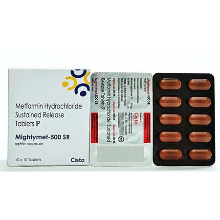 Product Name: Mightymet 500 SR, Compositions of Mightymet 500 SR are Metformin HCl 500mg Sustained Release - Cista Medicorp