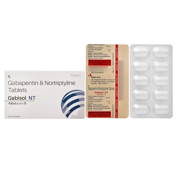 Product Name: GABISOL NT, Compositions of GABISOL NT are Gabapentin 400 mg + Nortriptyline 10 mg. - Fawn Incorporation