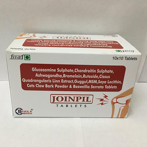 Product Name: Joinpil, Compositions of Joinpil are Glucosamine Sulphate,Chondroitin Sulphate, Ashwagandha,Bromelain, Rutoside, Cissus Quadrangularis Linn Extract, Guggul,MSM,Soya Lecithin, Cats Claw Bark Powder & Boswellia Serrata Tablets - Bkyula Biotech