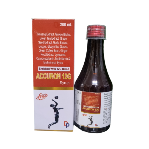 Product Name: Accuron 12G, Compositions of Accuron 12G are Ginseng Extract, Ginkgo Biloba, Green Tea Extract, Grape Seed Extract, Garlic Extract, Guggul, Glycyrrhiza Glabra Green Coffee Bean, Ginger Root Extract, Lycopene, Cyanocobalamin, Multivitamin & Multimineral Syrup - Dolchem Pharmaceuticals Private Limited