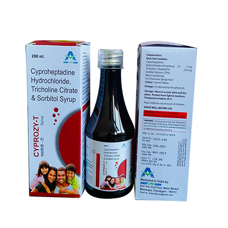 Product Name: CYPROZY T, Compositions of CYPROZY T are Cyproheptadine Hydrochloride, Tricholine Citrate & Sorbitol Syrup - Amzy Life Care