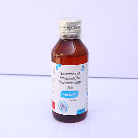 Product Name: Belokuf D, Compositions of Belokuf D are Dextromethorphan Hydrobromide IP 10mg Chlorpheniramine Maleate IP 2mg Phenylephrin Hydrochloride 5mg - Eviza Biotech Pvt. Ltd