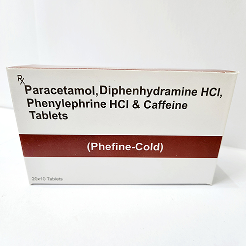 Product Name: Phefin Cold, Compositions of Phefin Cold are Paracetamol, Diphenhydramine HCI, Phenylephrine HCI & Caffeine Tablets - Bkyula Biotech