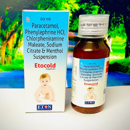 Product Name: Etocold, Compositions of Etocold are Paracetamol,Phenylephrine Hcl & Chlorpheramine Maleate,Sodium Citrate & Menthol Suspension - Eton Biotech Private Limited