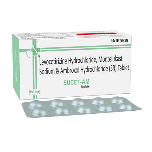 Product Name: Sucet AM, Compositions of Sucet AM are Levocetirizine Hydrochloride, Montelukast Sodium & Ambroxol  Hydrochloride (SR) Tablet - Senen Biotech