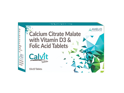 Product Name: Calvit, Compositions of Calvit are Calcium Citrate Malate with Vitamin D3 & Folic Acid Tablets - Amelio Pharmaceuticals