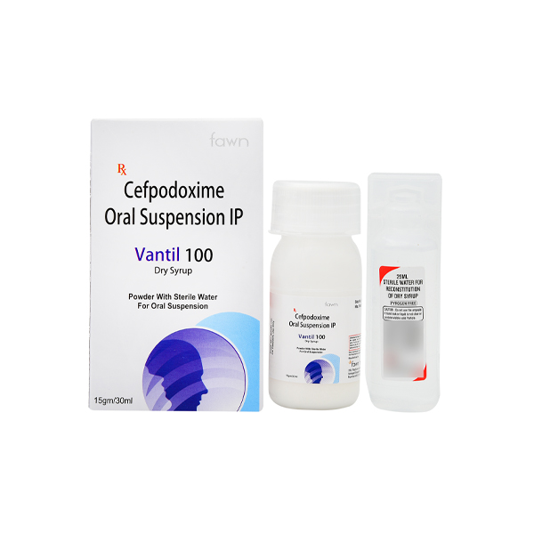 Product Name: VANTIL 100, Compositions of Cefpodoxime 100 mg with water are Cefpodoxime 100 mg with water - Fawn Incorporation