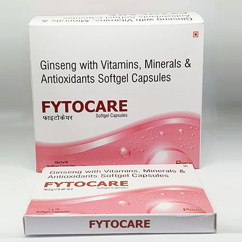 Product Name: Fytocare, Compositions of Fytocare are Ginseg with Vitamins,Minerals & Antioxidants Softgel Capsules - Pride Pharma