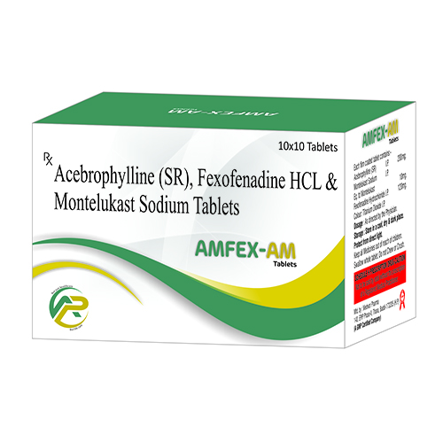 Product Name: Amfex AM, Compositions of Amfex AM are Acebrophylline (SR),Fexofenadine Hcl & Montelukast Sodium Tablets - Ambrosia Pharma