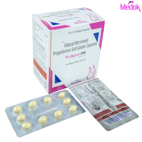 Product Name: Wellgest 200, Compositions of Wellgest 200 are Natural micronized progesterone progesterone soft gelatin capsules - Medok Life Sciences Pvt. Ltd