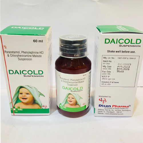 Product Name: Daicold, Compositions of Daicold are Paracetamol Phenylephrine HCI and Chlorpheniramine Maleate Suspension - Disan Pharma