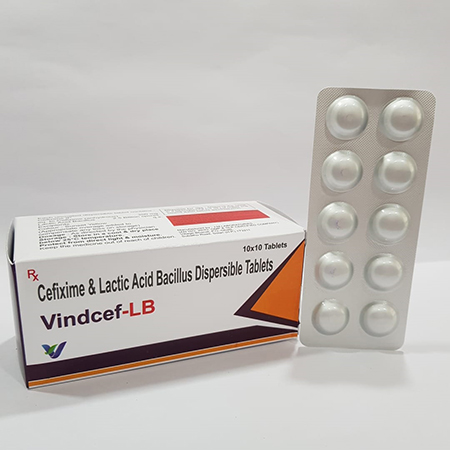 Product Name: Vindcef lb, Compositions of Vindcef lb are Cefixime & Lactic Acid Bacillus Dispersable Tablets - Vindcare Lifesciences