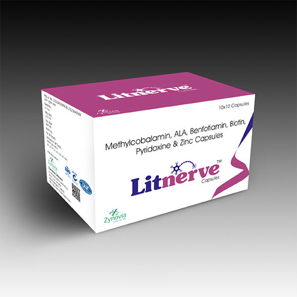 Product Name: Litnerve, Compositions of Litnerve are Methylcobalamin, ALA, Benfotiamin, Biotin, Pyridoxine & Zinc Capsules - Zynovia Lifecare