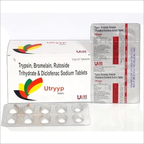 Product Name: Utryyp, Compositions of Utryyp are Trypsin-Bromelain-Rutoside-Trihydrate-Diclofenac-Sodium-Tablet - Yodley LifeSciences Private Limited