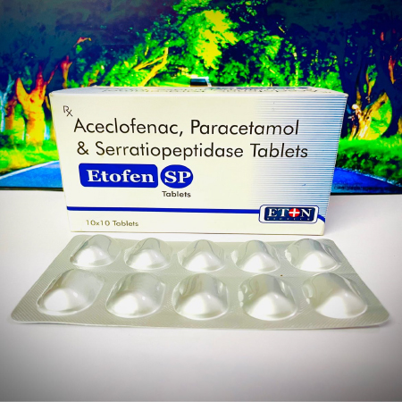 Product Name: Etofen SP, Compositions of Etofen SP are Aceclofenac,Paracetamol & Serratiopeptidase Tablets - Eton Biotech Private Limited