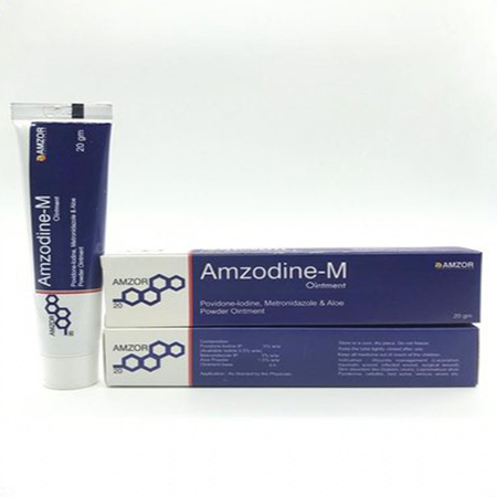 Product Name: Amzodine M, Compositions of Amzodine M are Pivodine-Iodine Metronidazole & Aloe Powder Ointment - Amzor Healthcare Pvt. Ltd