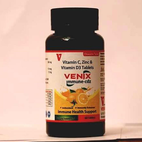 Product Name: Venix Immune cdz, Compositions of Venix Immune cdz are VITAMIN C ZINC VITAMIN D3 TABLETS - Venix Global Care Private Limited