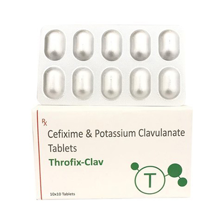 Product Name: Throfix clav, Compositions of Throfix clav are Cefixime & Potassium Clavulanate Tablets - Amzor Healthcare Pvt. Ltd