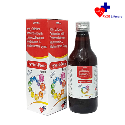 Product Name: Iryvact Forte Syrup, Compositions of Iryvact Forte Syrup are Iron, Calcium, Antioxidant with Cyanocobalamin , Multivitamin & Multiminerals Syrup  - Ryze Lifecare