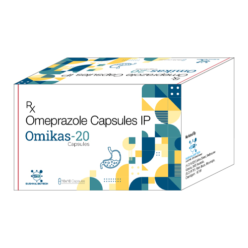 Product Name: Omikas 20, Compositions of Omikas 20 are Omeprazole Capsules IP - Sushma Biotech