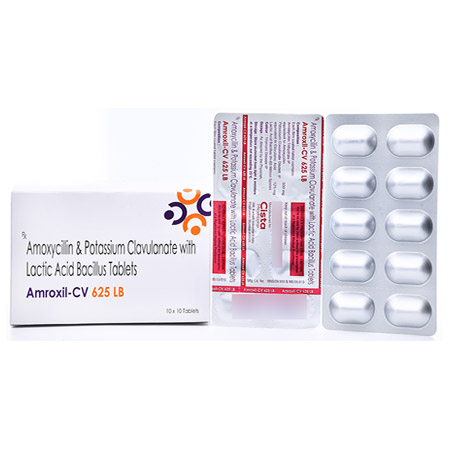 Product Name: Amroxil CV 625 LB, Compositions of Amroxil CV 625 LB are Amoxycillin & Potassium Clavulanate & Lactic Acid Bacillus Tablets - Cista Medicorp