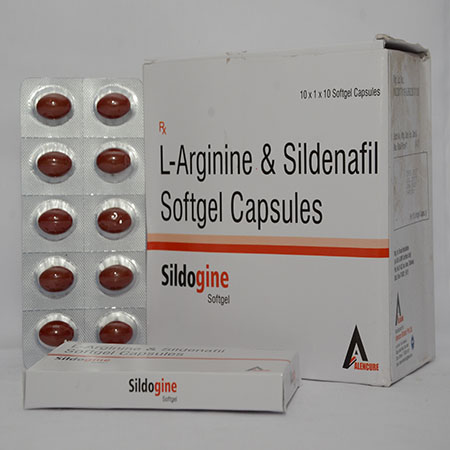Product Name: SILDOGINE, Compositions of SILDOGINE are L-Arginine & Sildenafil Softgel Capsules - Alencure Biotech Pvt Ltd
