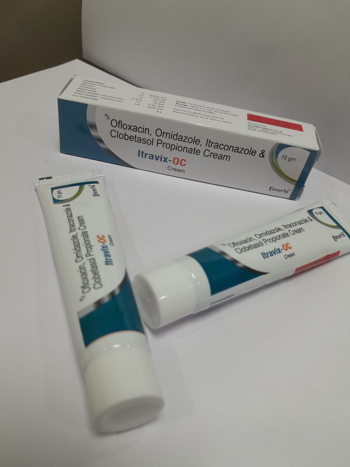 Product Name: ITRAVIX OC Cream, Compositions of ITRAVIX OC Cream are ITRACONAZOLE 1%, OFLOXACIN 0.75%, ORNIDAZOLE 2.0%, CLOBETASOL PROPIONATE 0.05% CREAM - Feravix Lifesciences