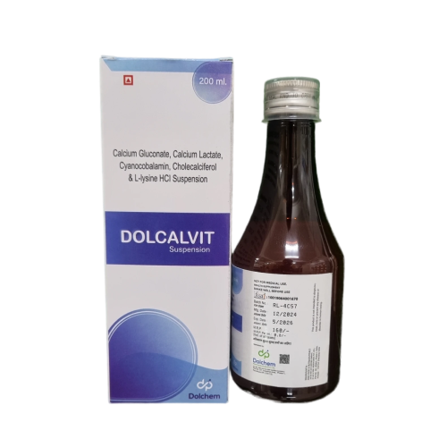 Product Name: DOLCALVIT, Compositions of DOLCALVIT are Calcium Gluconate, Calcium Lactate, Cyanocobalamin, Cholecalciferol & L-lysine HCI Suspension - Dolchem Pharmaceuticals Private Limited