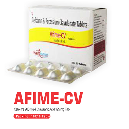 Product Name: Afime CV, Compositions of Afime CV are Cefixime & Potassium Clavulanate Tablets - Scothuman Lifesciences