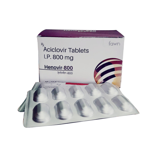 Product Name: HENOVIR HERPOX 800, Compositions of HENOVIR HERPOX 800 are Aciclovir I.P. 800 mg. - Fawn Incorporation