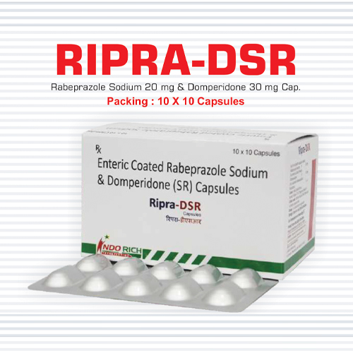 Product Name: Ripra DSR, Compositions of Ripra DSR are Entric Coated Rabeprazole Sodium and Demperidone-SR Capsules - Pharma Drugs and Chemicals