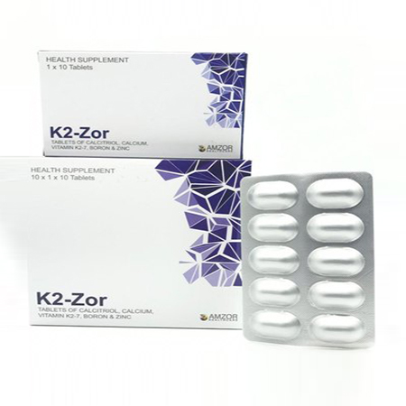 Product Name: K2 Zor, Compositions of K2 Zor are Tablets of Calcitriol Calcium Vitamin B2 Boron & Zinc - Amzor Healthcare Pvt. Ltd