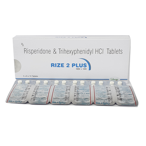 Product Name: Rize 2 Plus, Compositions of Rize 2 Plus are Riseperidone & Trihexyphenidyl HCL Tablets - Lifecare Neuro Products Ltd.