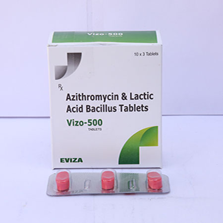 Product Name: Vizo 500, Compositions of Vizo 500 are  Azithromycin & Lactic Acid Bacillus Tablets - Eviza Biotech Pvt. Ltd