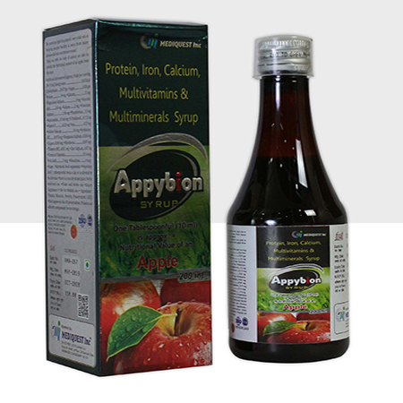 Product Name: Appybion, Compositions of Appybion are Protein, Iron, Calcium Multivitamin & Multiminerals Syrup - Mediquest Inc