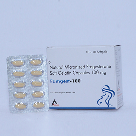 Product Name: FAMGEST 100, Compositions of FAMGEST 100 are Natural Mironized Progesterone Soft Gelatin Capsules 100mg - Alencure Biotech Pvt Ltd