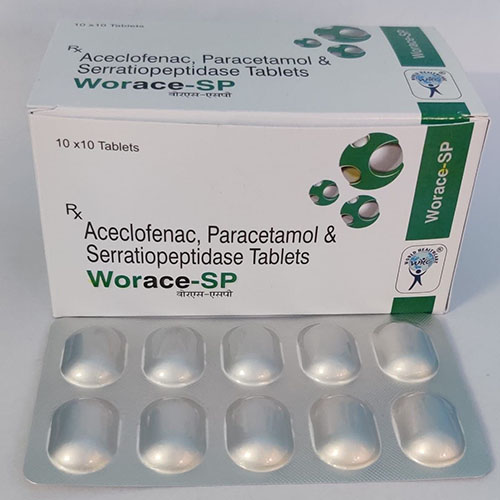 Product Name: Worace SP, Compositions of Worace SP are Aceclofenac,Paracetamol & Serratiopeptidase Tablets - WHC World Healthcare