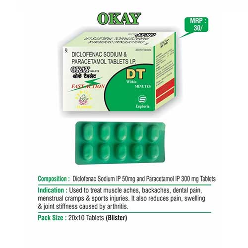 Product Name: Okay, Compositions of Okay are Diclofenac Sodium & Paracetamol Tablets IP - Euphoria India Pharmaceuticals