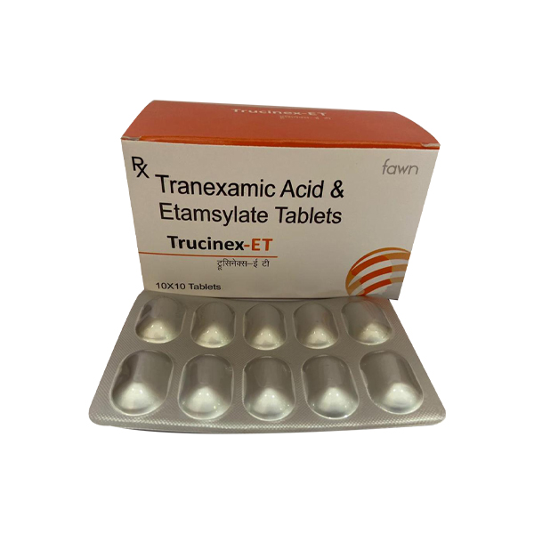 Product Name: TRUCINEX ET, Compositions of TRUCINEX ET are Tranexamic Acid 250 mg + Ethamsylate 250 mg. - Fawn Incorporation