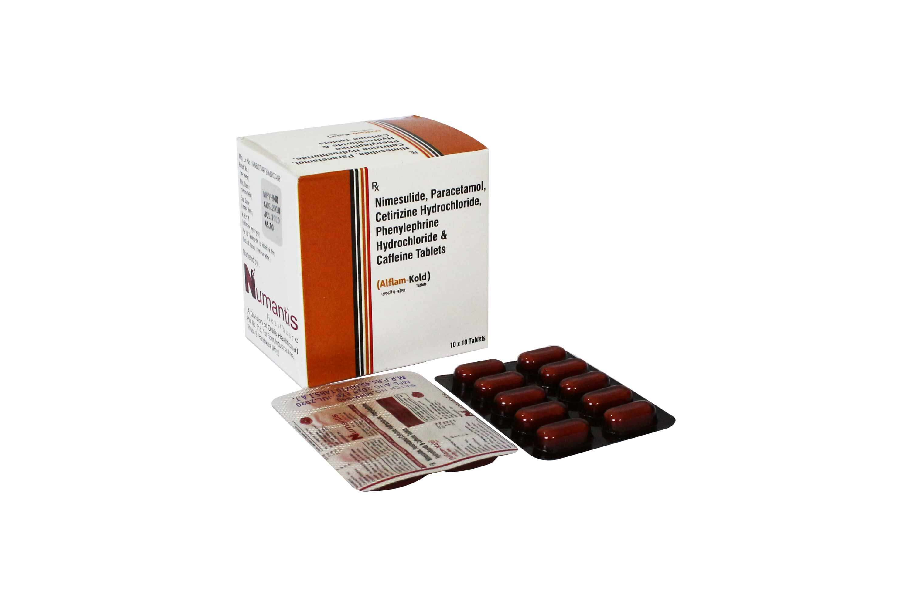 Product Name: Alflam Kold, Compositions of Alflam Kold are Nimesulide, Paracetamol, Cetrizine Hydrochloride ,  Phenylphrine Hydrochloride and Caffeine Tablets - Numantis Healthcare