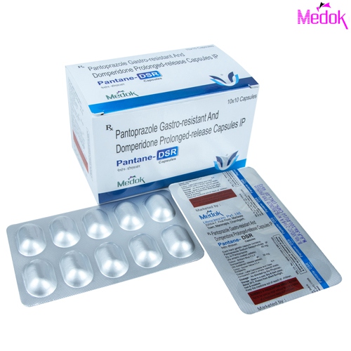 Product Name: Pantane DSR, Compositions of Pantane DSR are Pantoprazole gastro resistant and  Domperidone prolonged release capsules IP  - Medok Life Sciences Pvt. Ltd