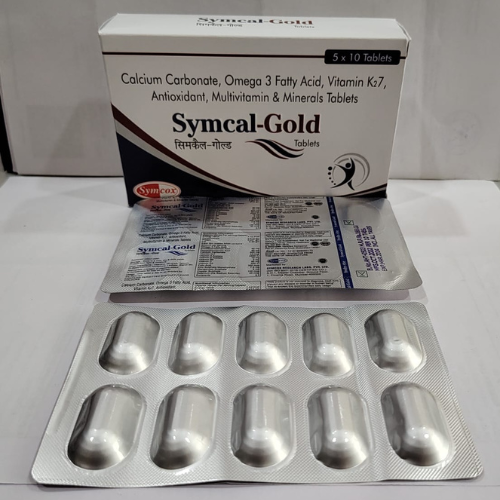 Product Name: Symcal Gold, Compositions of Symcal Gold are Calcium Carbonate, Omega 3 Fatty Acid, Vitamin K27, Antioxidant, Multivitamin & Minerals Tablets - Adoviz Healthcare