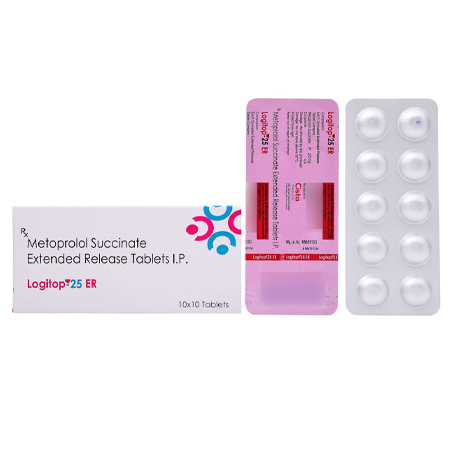 Product Name: LOGITOP 25 ER, Compositions of LOGITOP 25 ER are Metoprolol Succiante Extended Release Tablets IP - Cista Medicorp