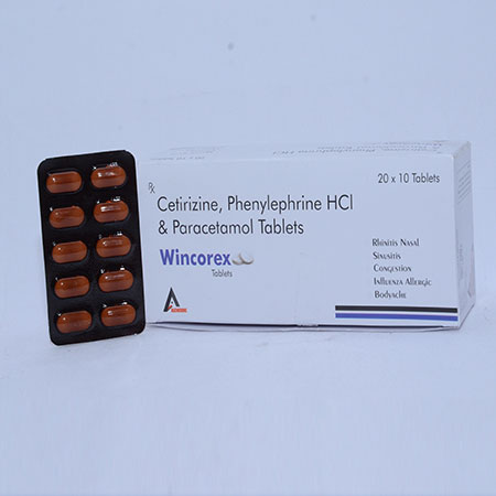 Product Name: WINCOREX, Compositions of WINCOREX are Cetrizine, Phenylphrine HCL & Paracetamol Tablets - Alencure Biotech Pvt Ltd