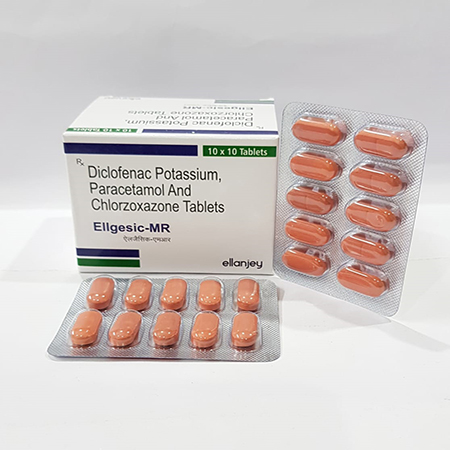 Product Name: Ellgesic MR, Compositions of Ellgesic MR are Diclofenac Potassium, Paracetamol & Chlorzoxazone Tablets - Ellanjey Lifesciences