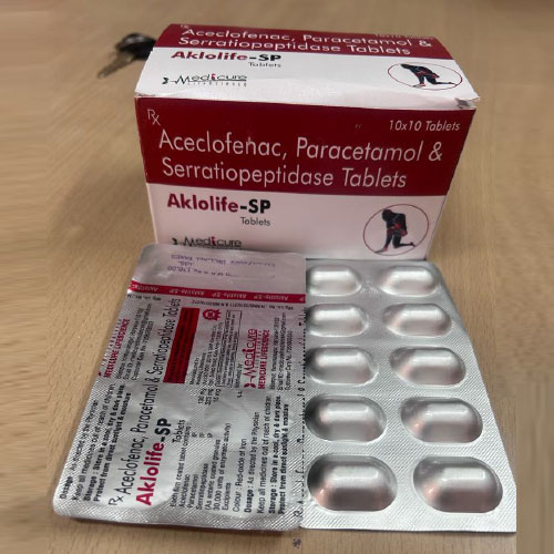 Product Name: Aklolife SP, Compositions of Aklolife SP are Aceclofenac,Paracetamol and Serratiopepetidase Tablets - Medicure LifeSciences