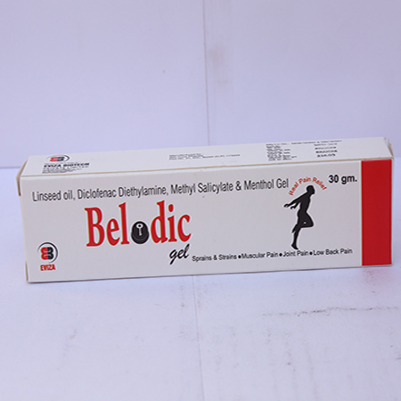 Product Name: Belodic Gel, Compositions of Belodic Gel are Linseed Oil, Diclofenac Diethylamine, Methyl Salicylate & Menthol Gel - Eviza Biotech Pvt. Ltd