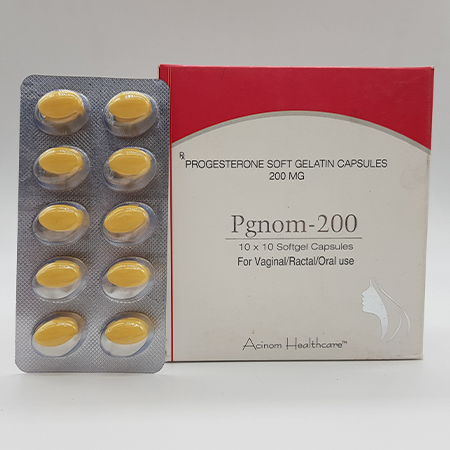 Product Name: Pgnom 200, Compositions of Pgnom 200 are Progesterone Soft Gelatin Capsules 200 mg - Acinom Healthcare