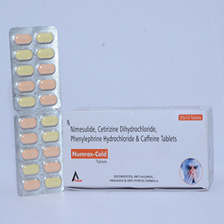 Product Name: NUMREX COLD, Compositions of NUMREX COLD are Nimesulide, Cetrizine Dihydrochloride, Phenylphrine Hydrochloride & Caffine Tablets - Alencure Biotech Pvt Ltd